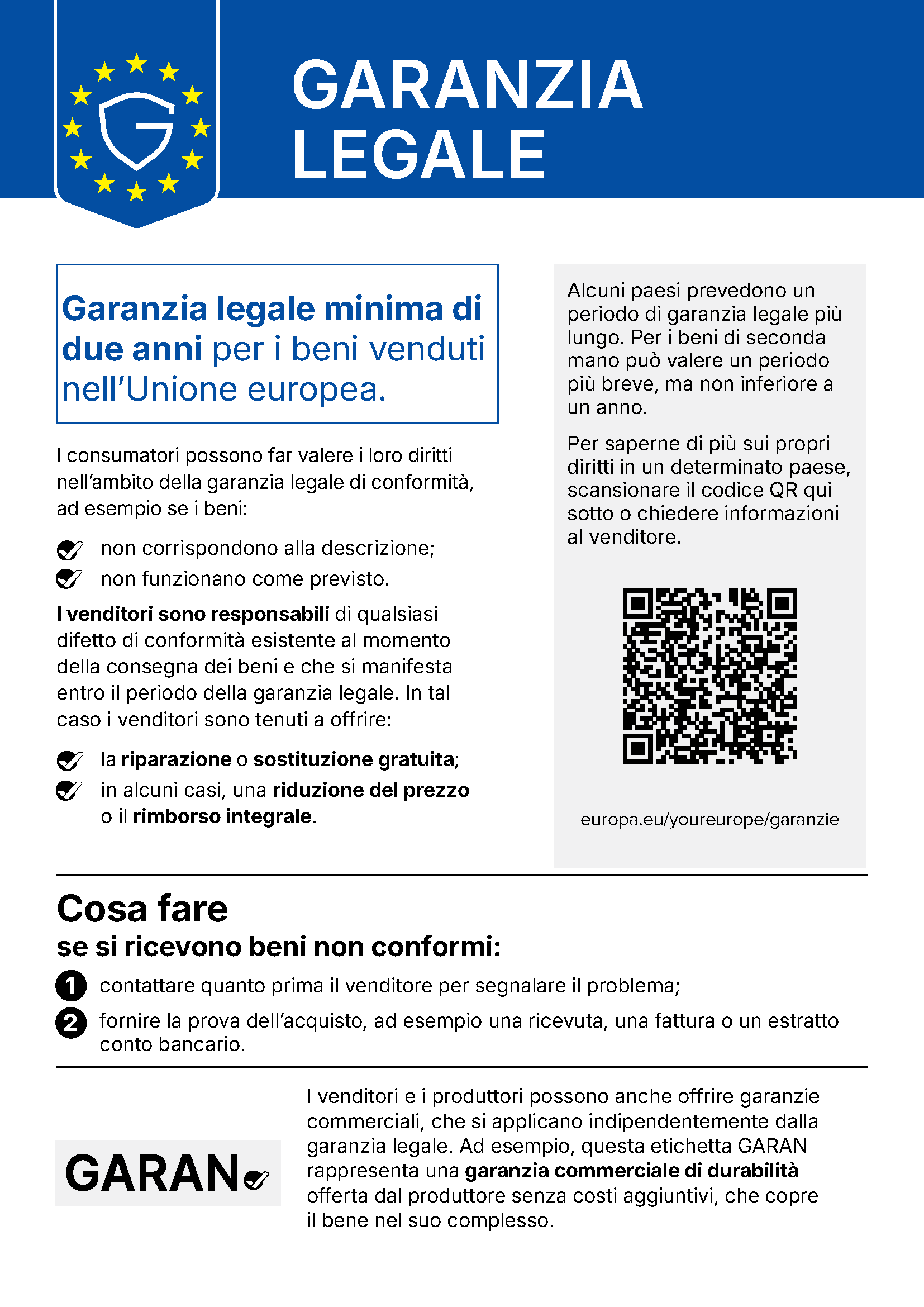 Garanzia legale minima di due anni per i beni venduti nell’Unione europea – avviso armonizzato dell’UE sulla garanzia legale.