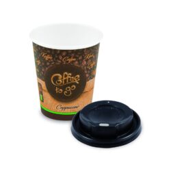 Bicchiere di carta "Coffee to go" Ø80mm 280ml `M: 0,2L/8oz` + coperchio nero [10 set]