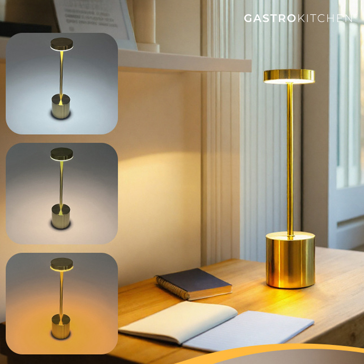 Lampada da tavolo LED USB - ricaricabile - 3 livelli di luminosità - dorata | Gastrokitchen