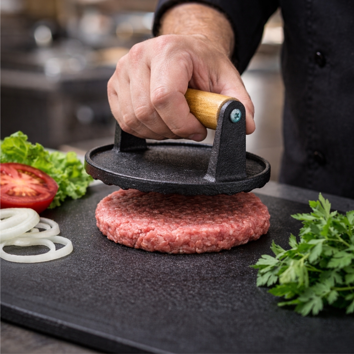 Pressa per hamburger in ghisa con manico in legno - Ø 14 cm | Gastrokitchen