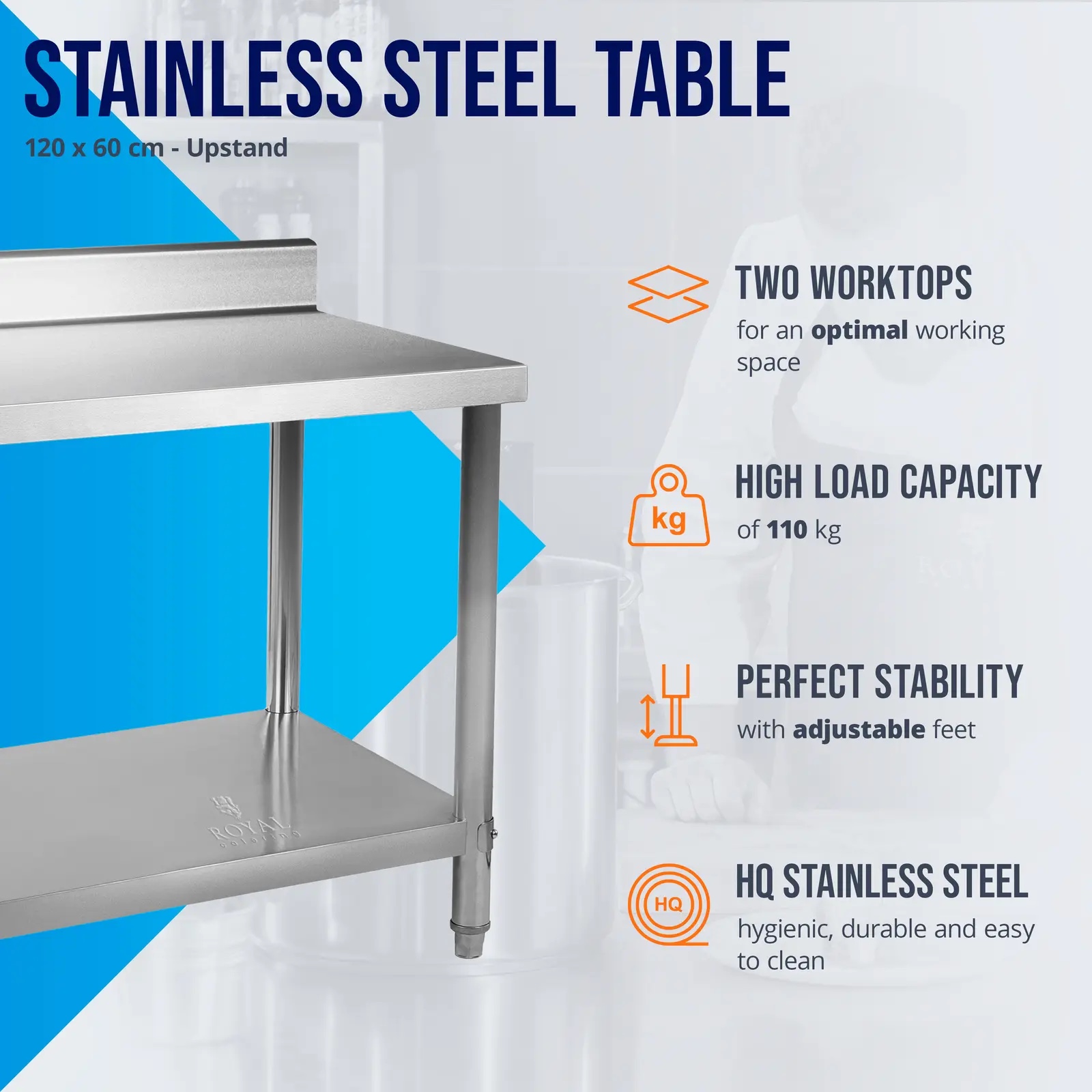 Tavolo da lavoro in acciaio inox - 120 x 60 cm - alzatina posteriore - 250 kg | RCAT-120/60-N