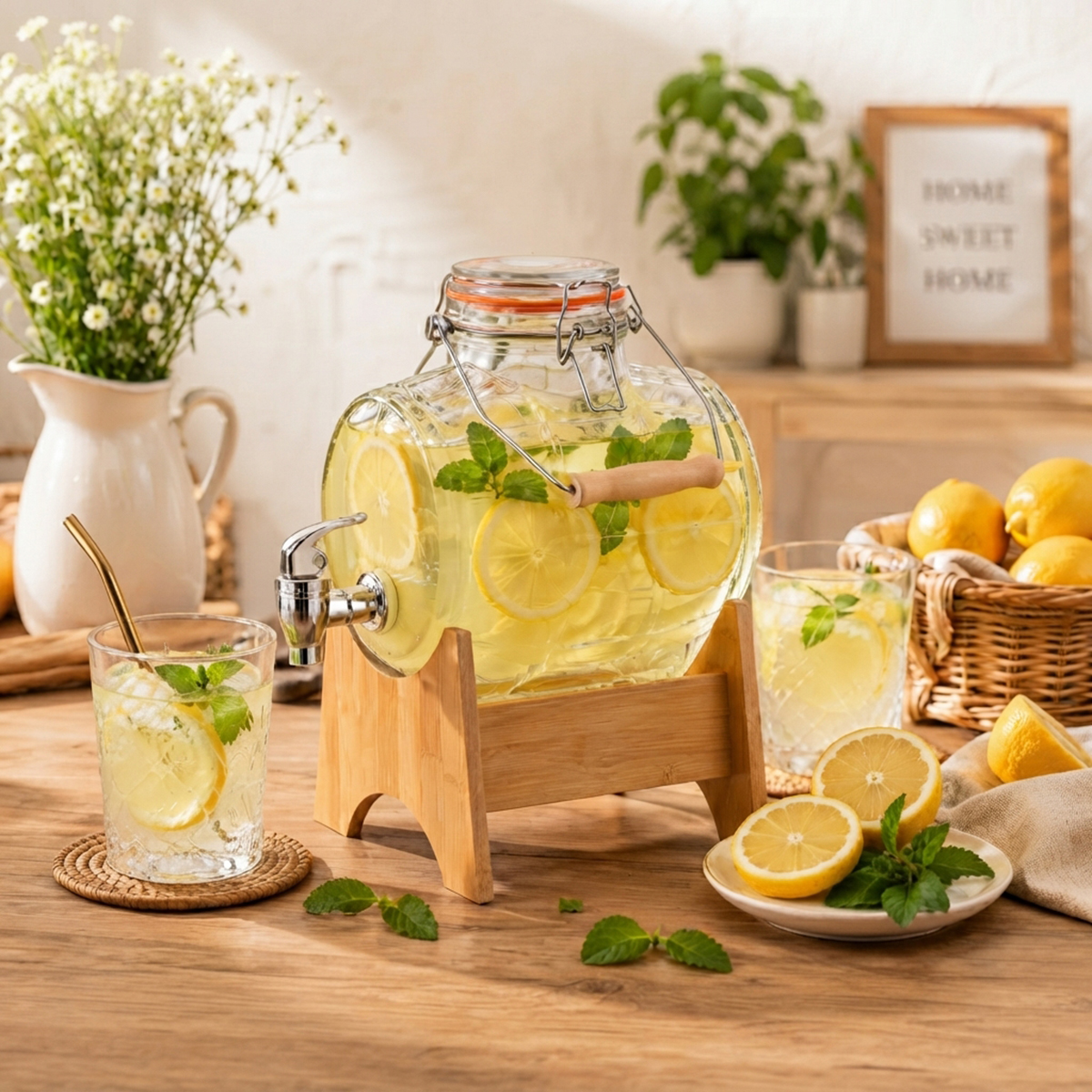 Botticella in vetro per bevande con rubinetto e supporto - 3 L